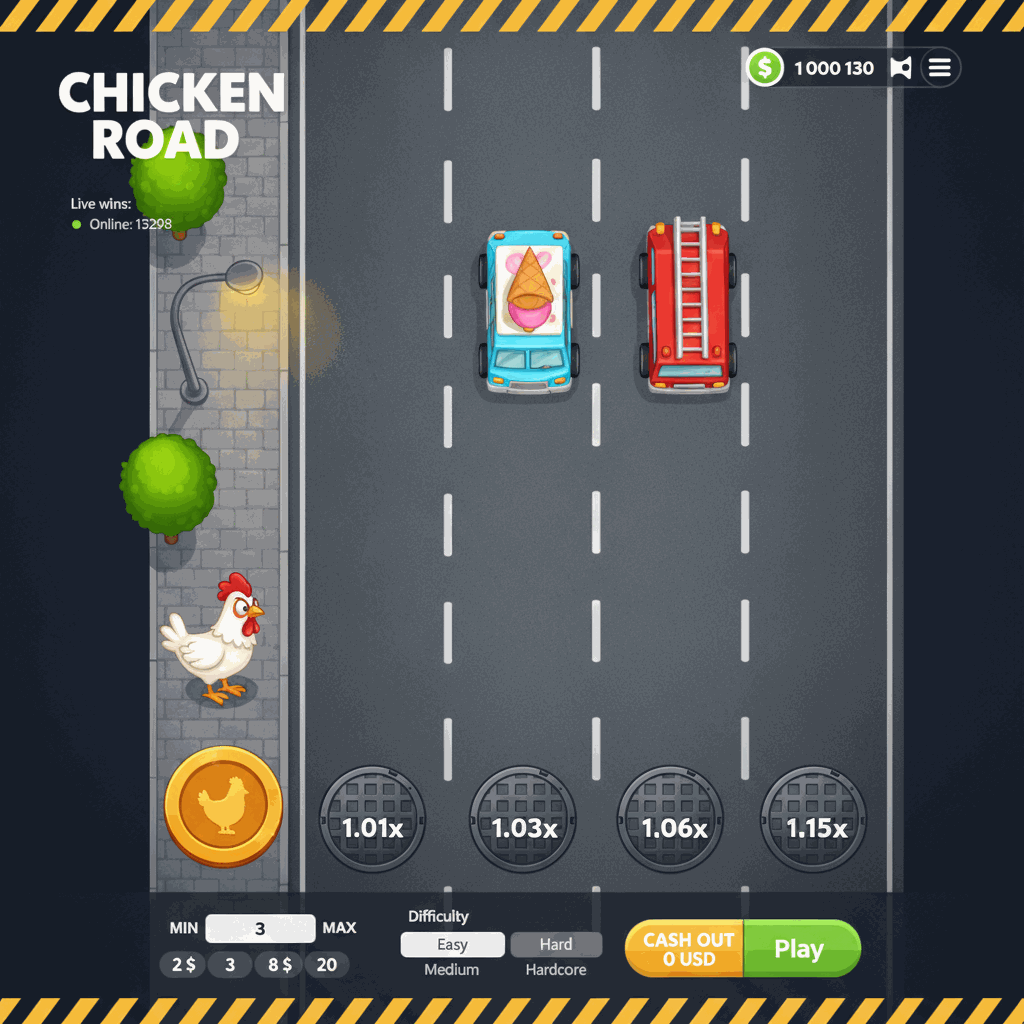 Chicken Road game screen showing a cartoon white chicken character standing at the edge of a multi-lane road with white dashed lane dividers, manhole cover multiplier markers on each lane, and urban scenery including green trees and a street lamp on the sidewalk